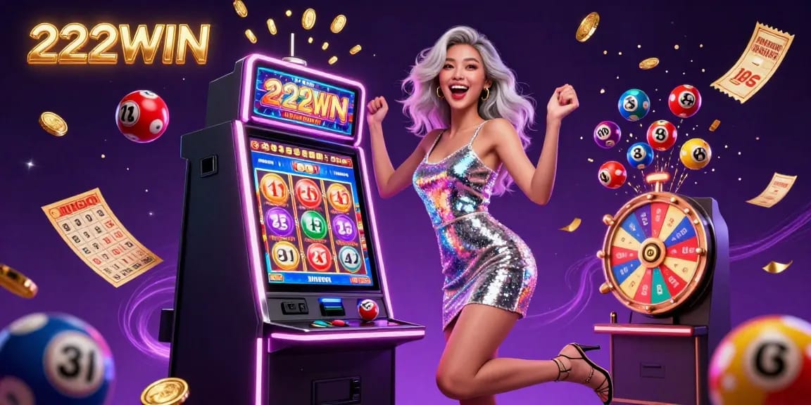 Experience the excitement at 222WIN with vibrant casino imagery showcasing slots and lottery elements.