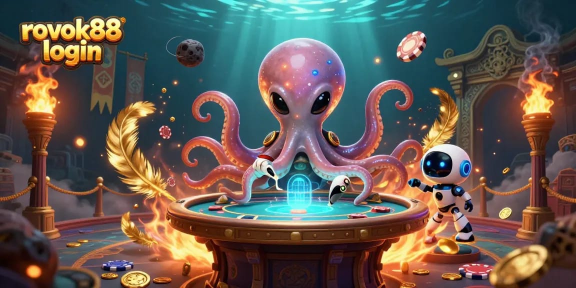 Engage with the thrilling rokok88 login experience in a vibrant 3D casino scene featuring an alien octopus and dynamic elements.
