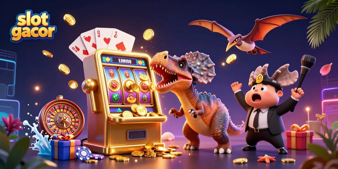 Engaging slot gacor scene with a dinosaur winning at a golden slot machine and a casino manager in the background.
