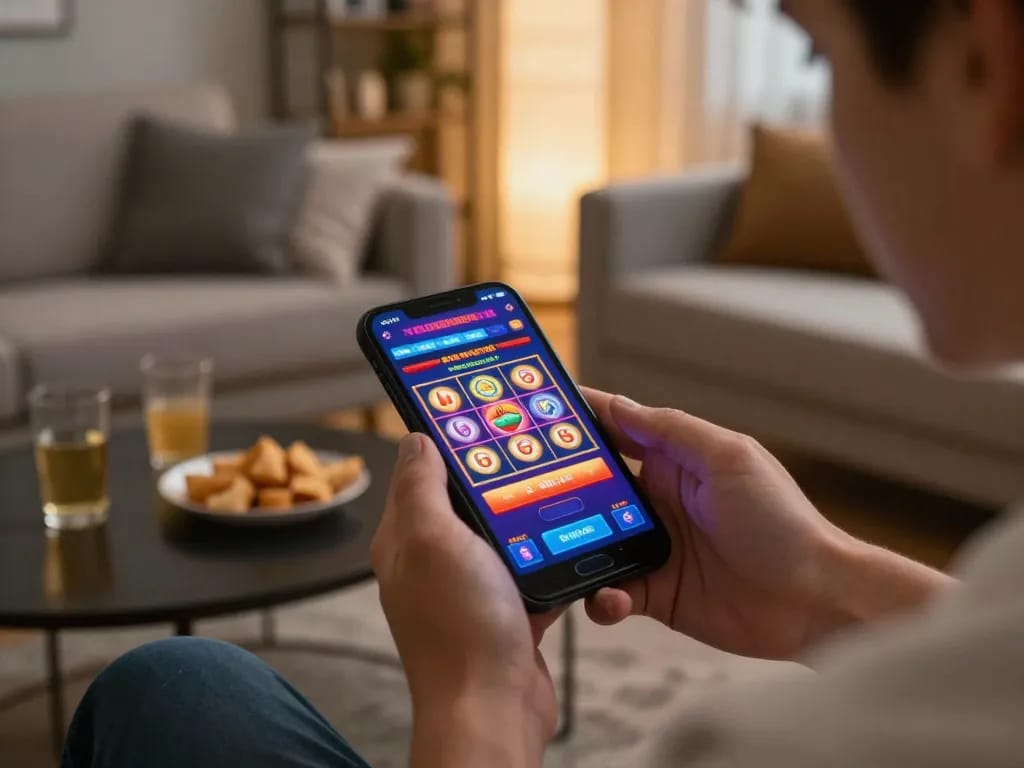 Player engaging with sites not on gamstop on a smartphone in a cozy living room