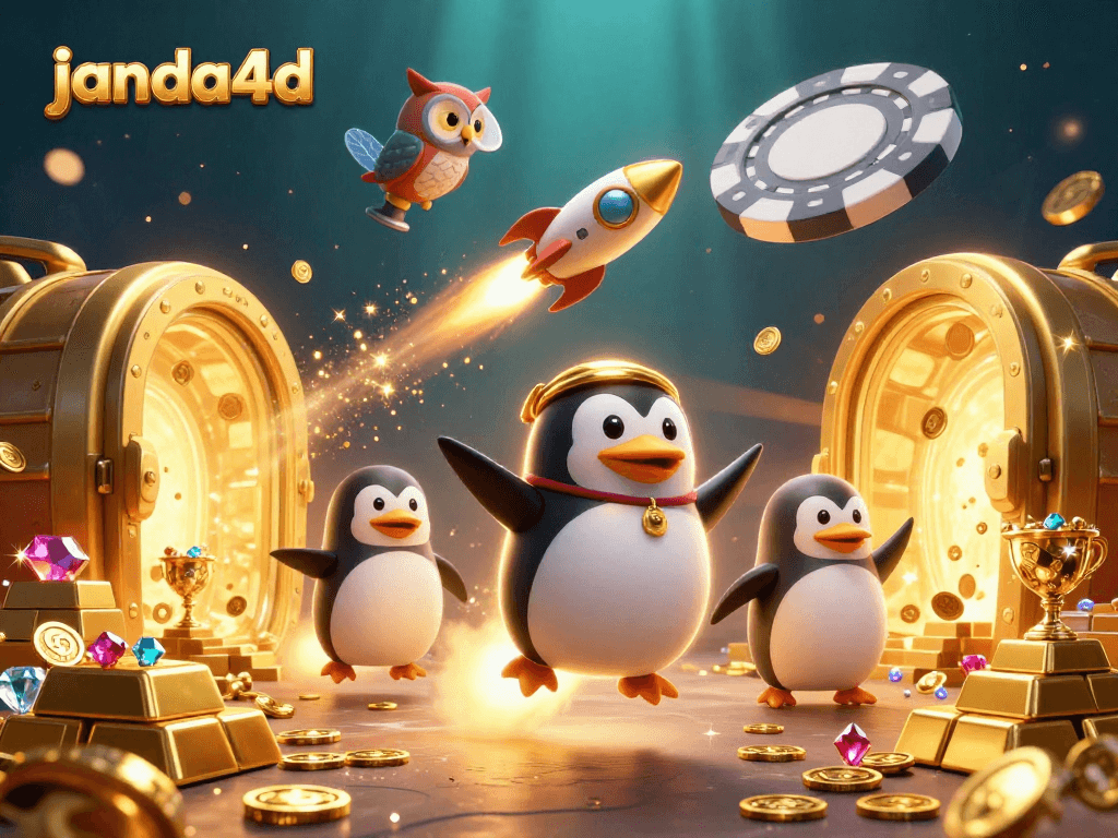 Menggali peluang taruhan di janda4d dengan penguin emas meluncur menuju kasino angkasa, dikelilingi oleh perhiasan dan tumpukan emas.
