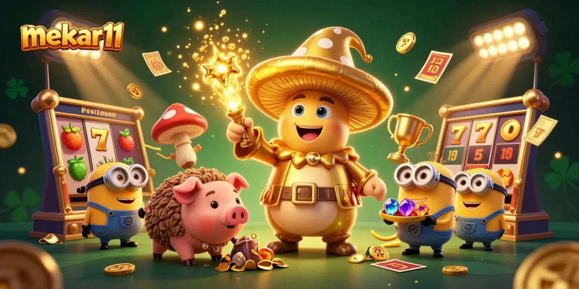 Mekar11 showcases a magical casino scene with a golden mushroom wizard transforming treasures in a vibrant slot game world.
