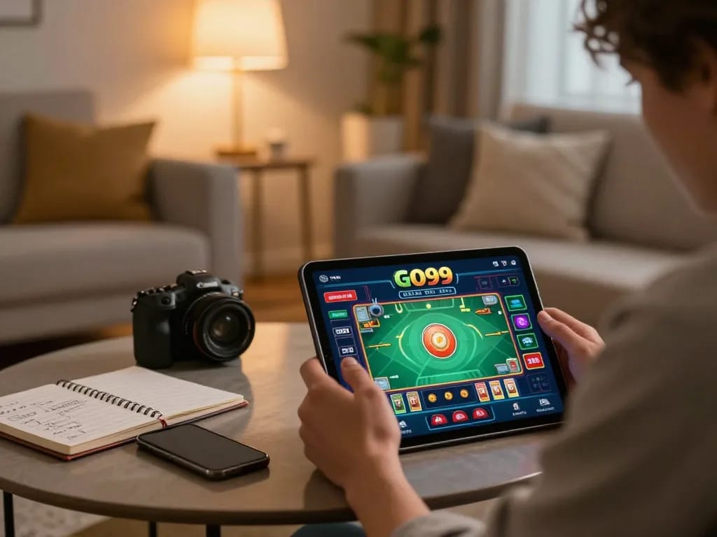 Engaging online gaming scene with Go99 app on tablet, showcasing responsible gambling strategies at home