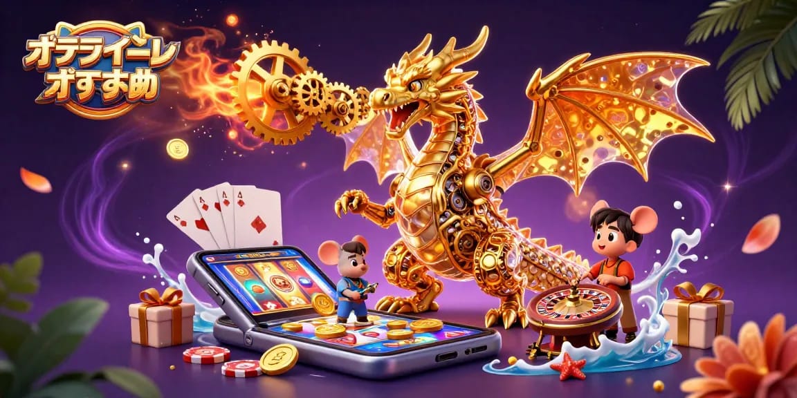 オンラインポーカー おすすめの魅力あるシーンを描いた、金色のドラゴンとスロットゲームのイラスト。