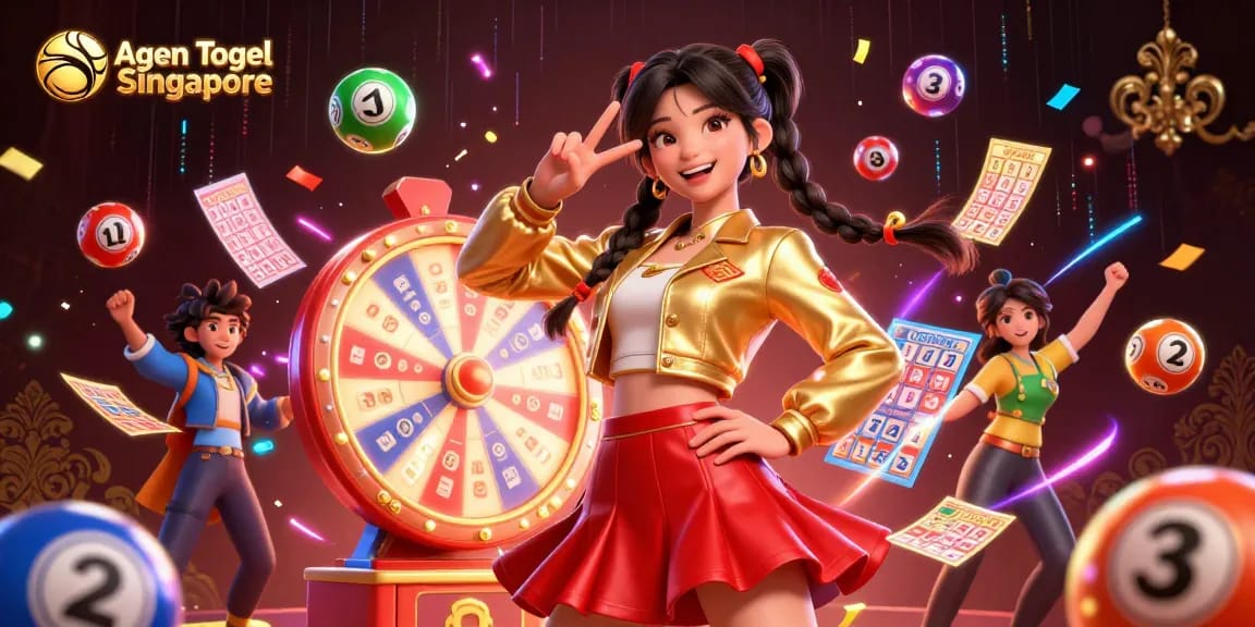 Agen Togel Singapore showcases vibrant lottery dynamics with colorful balls and spinning prizes.