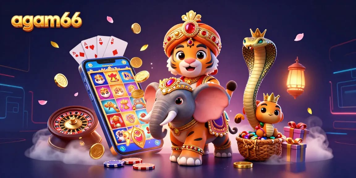 Win big with agam66 featuring a maharaja tiger and a jewel-encrusted elephant amidst vibrant slot game elements.