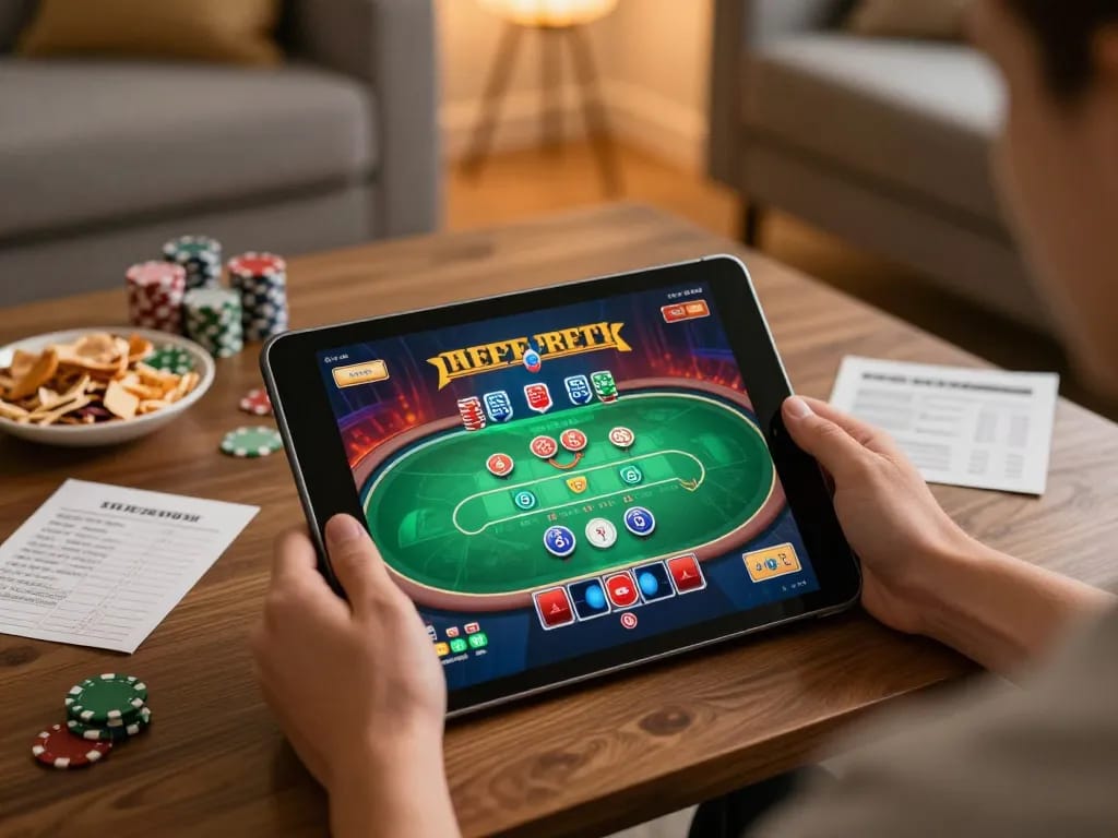 Engaging in online casino gaming on tablet, fah999 providing thrilling poker action in a cozy setting.