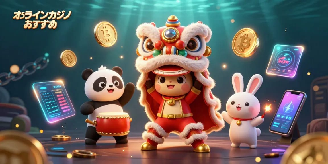 オンラインカジノ おすすめでスロットゲームを楽しむ、キャラクターと仮想通貨コインのアートワーク