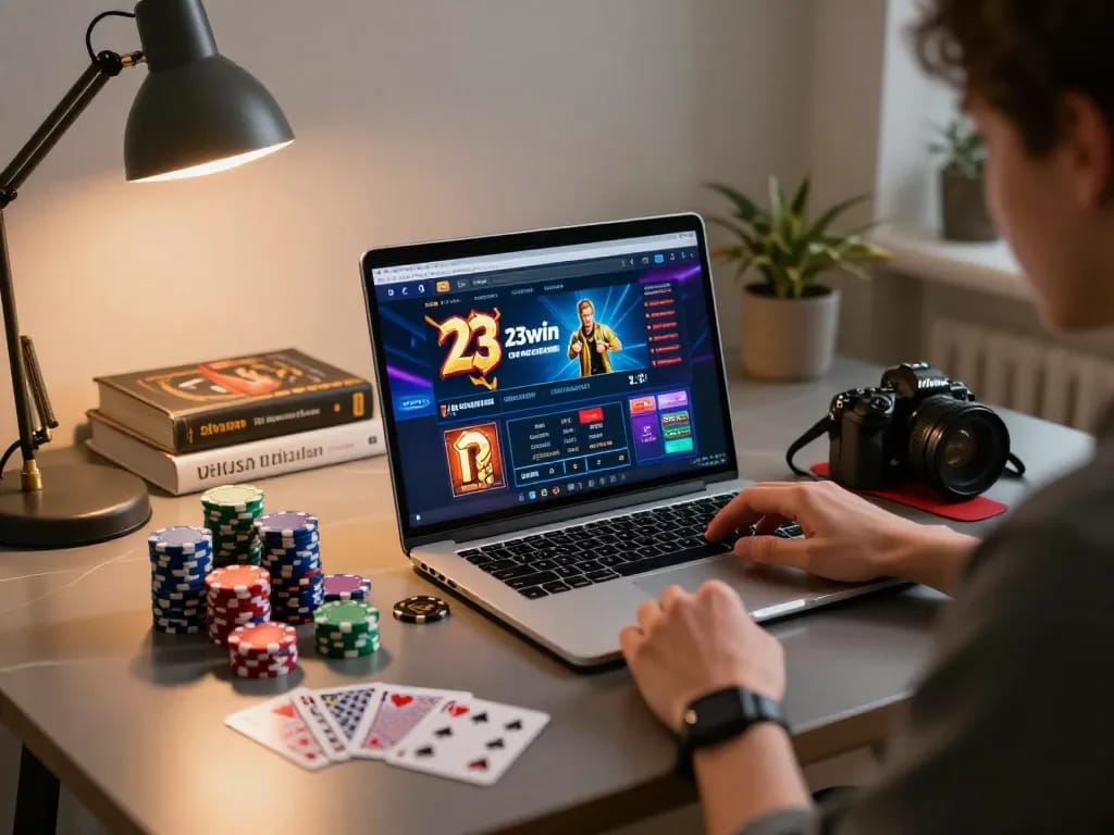 Experience 23win com online casino gaming with vibrant home office setup featuring laptop and colorful poker chips