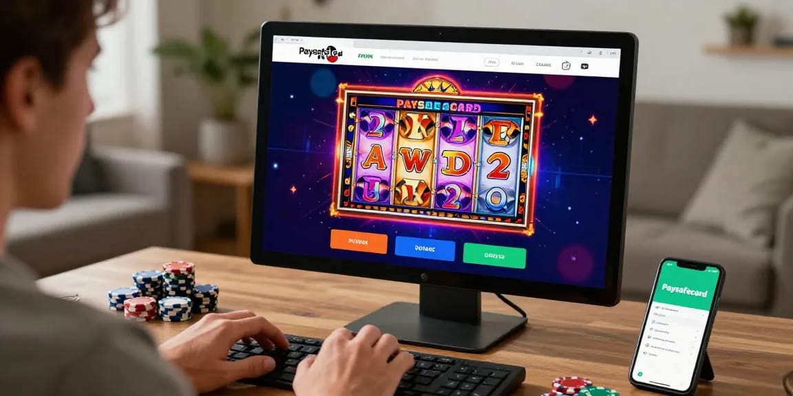 Erlebnis eines Paysafe Card Casinos mit lebendigem Interface und sicheren Zahlungsikonen in einer häuslichen Umgebung.