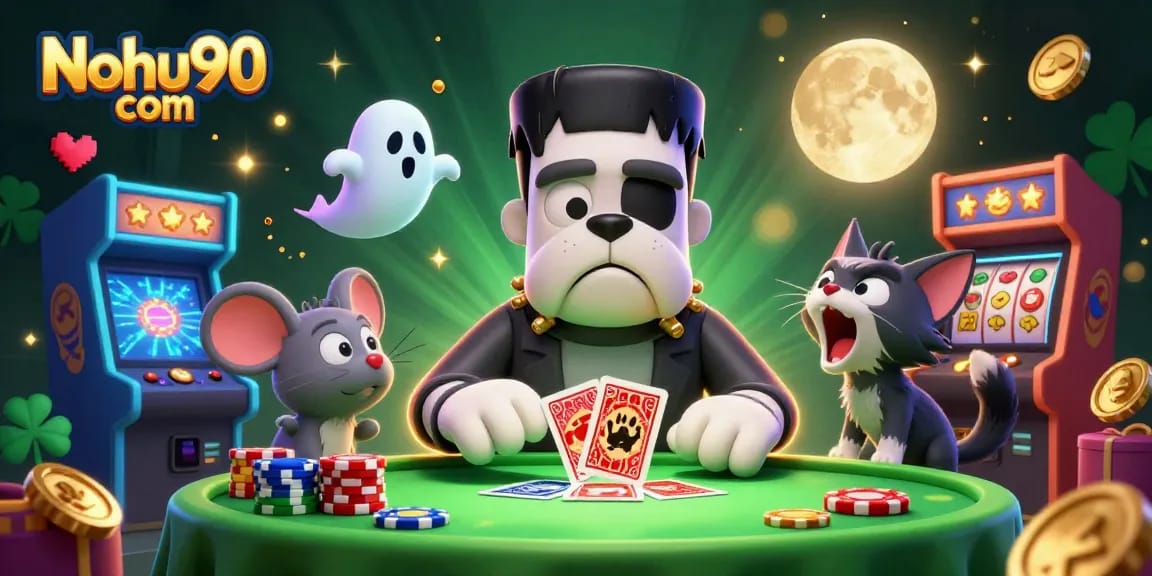 Join the thrilling action at Nohu90 com with colorful slot reels and animated characters in a dynamic casino scene.