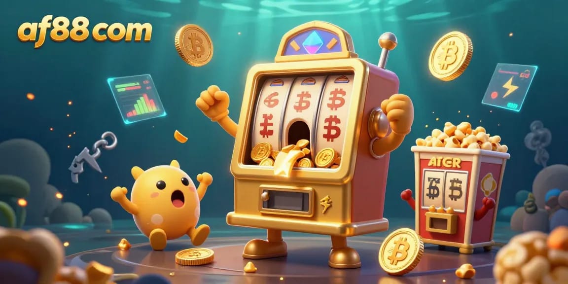 Engage with af88 com's exciting gaming environment featuring a golden slot machine bursting coins in a vibrant 3D scene.