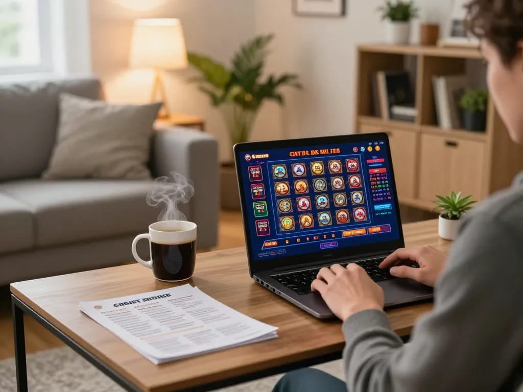 Engaging online gaming experience with mdg188 on a laptop in a cozy home setting, demonstrating responsible gambling.