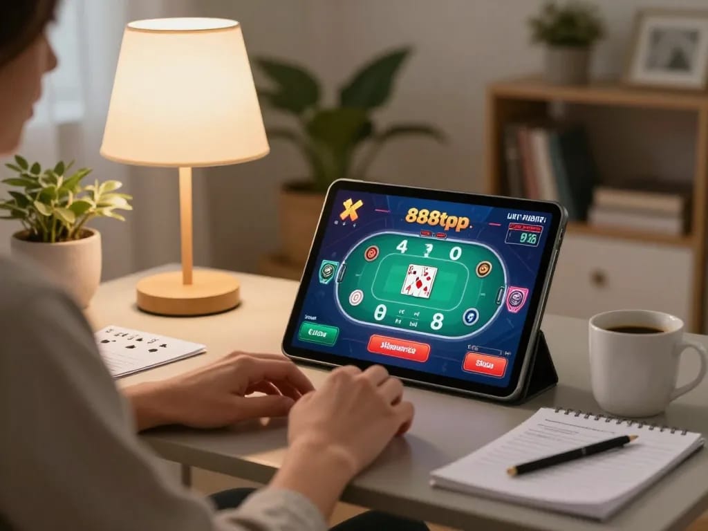 Engaged user playing poker on 888top tablet in a cozy living room, illustrating online gambling.