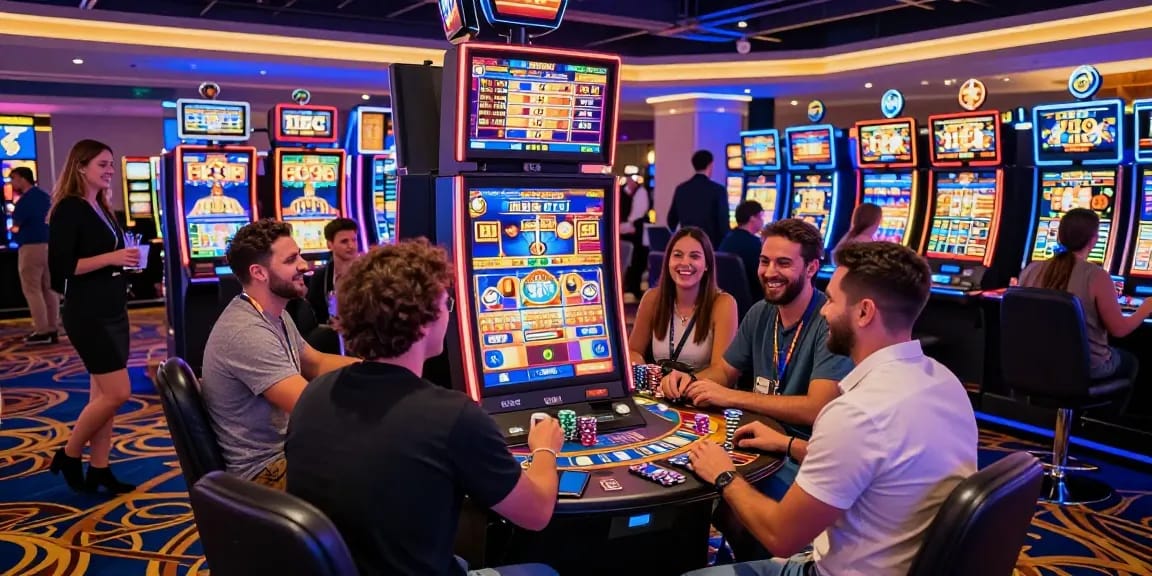 Exciting casino scene featuring friends enjoying slot 5k machines with vibrant lights and lively atmosphere.
