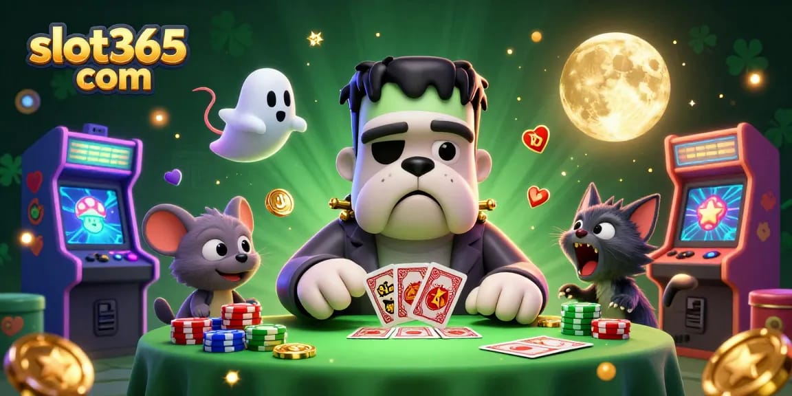 Engage in the thrill of gaming at slot365 com with a playful 3D scene of monsters and casino elements.