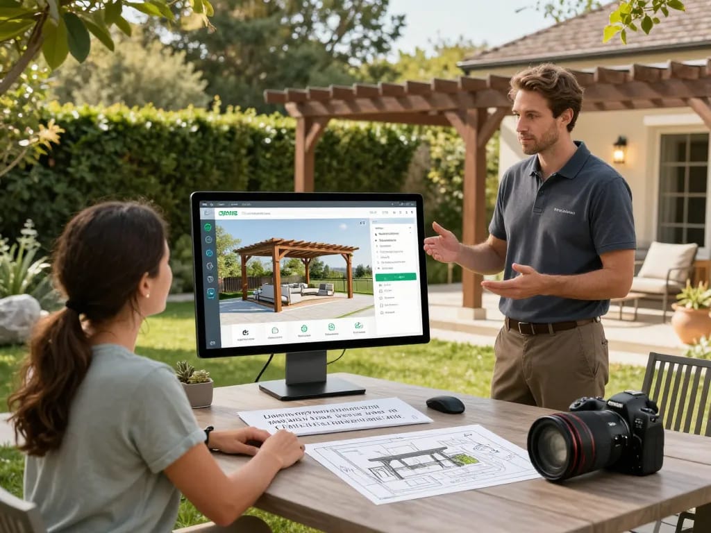 Pergola Configurator Software showcased live by an installer to clients in a garden.