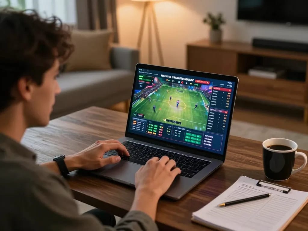 Placing strategic bets on uu88 okwin in a cozy home gaming setup with laptop