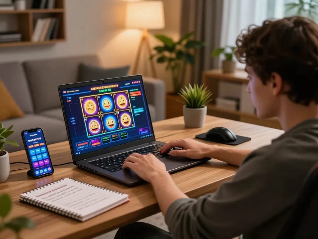 Engaged user spinning slot reels on laptop in cozy home gaming setup.