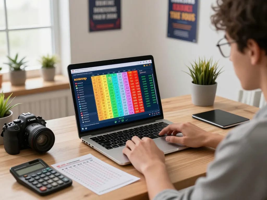 Engaging scene of HK lottery player analyzing live results and betting data in a modern home office.