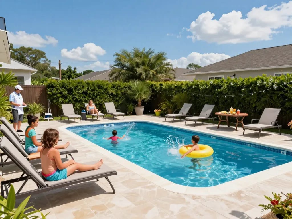 Dolphin Pool Services maintaining a vibrant family pool, showcasing joy and professional care.