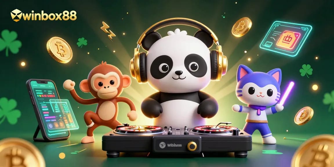 Winbox88 features a lively digital illustration of a DJ panda, spinning roulette wheels amidst vibrant casino elements.