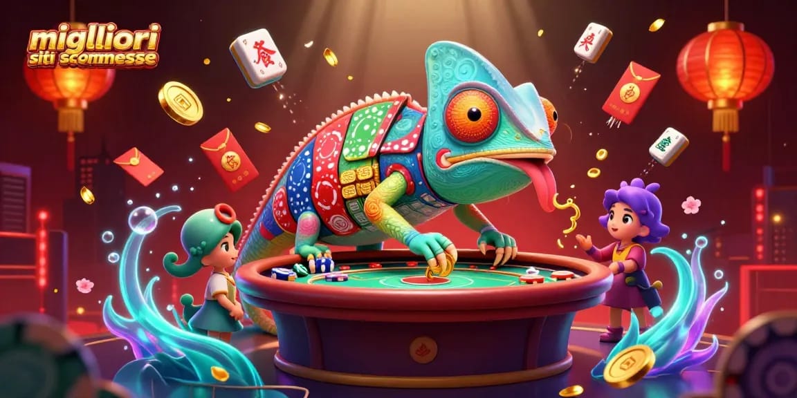 Illustrazione di un proprietario di casinò camaleonte che rappresenta i migliori siti scommesse con elementi di gioco e atmosfera festosa.