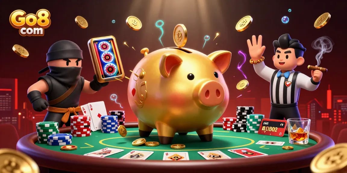 Experience thrilling action at Go8 com with a golden piggy bank sumo wrestler amidst dynamic casino elements.
