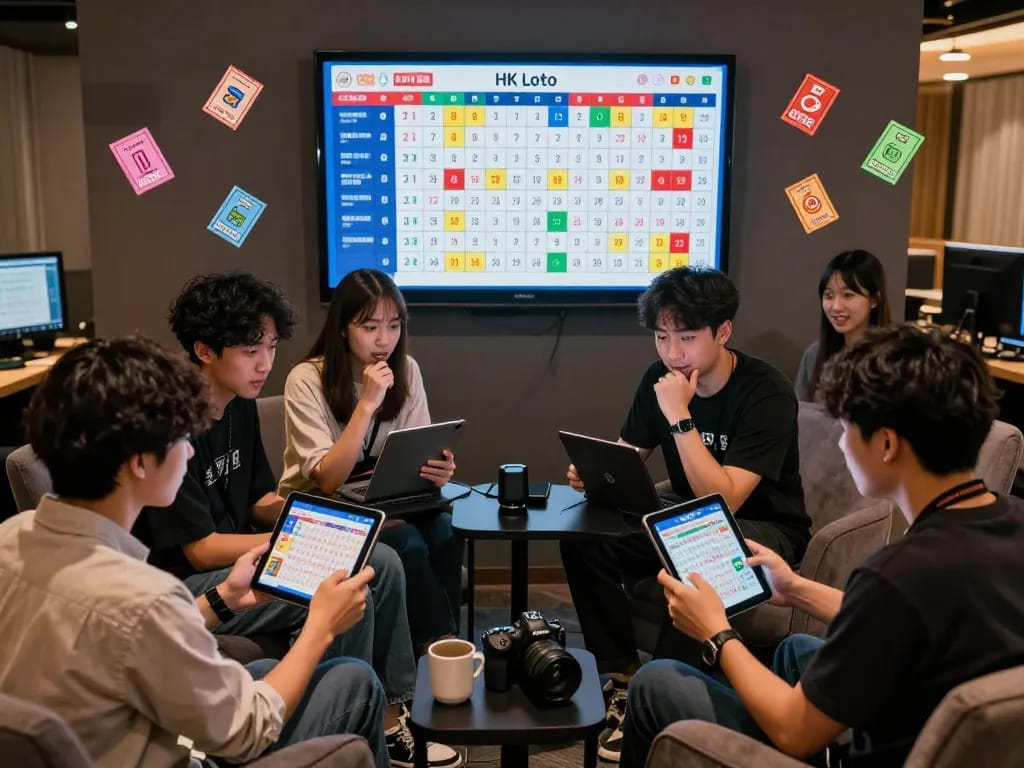The excitement of HK Lotto participants in a vibrant gaming lounge analyzing lottery results.