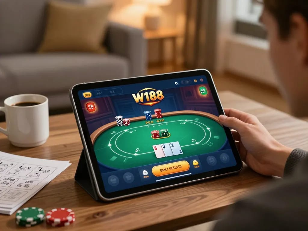 Player enjoying a strategic poker game on the W188 app in a cozy home setting.