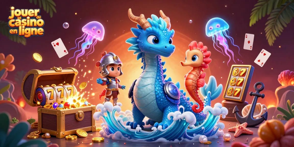 Jouer au casino en ligne avec un dragon océanique en 3D, pièces d'or et joyaux colorés