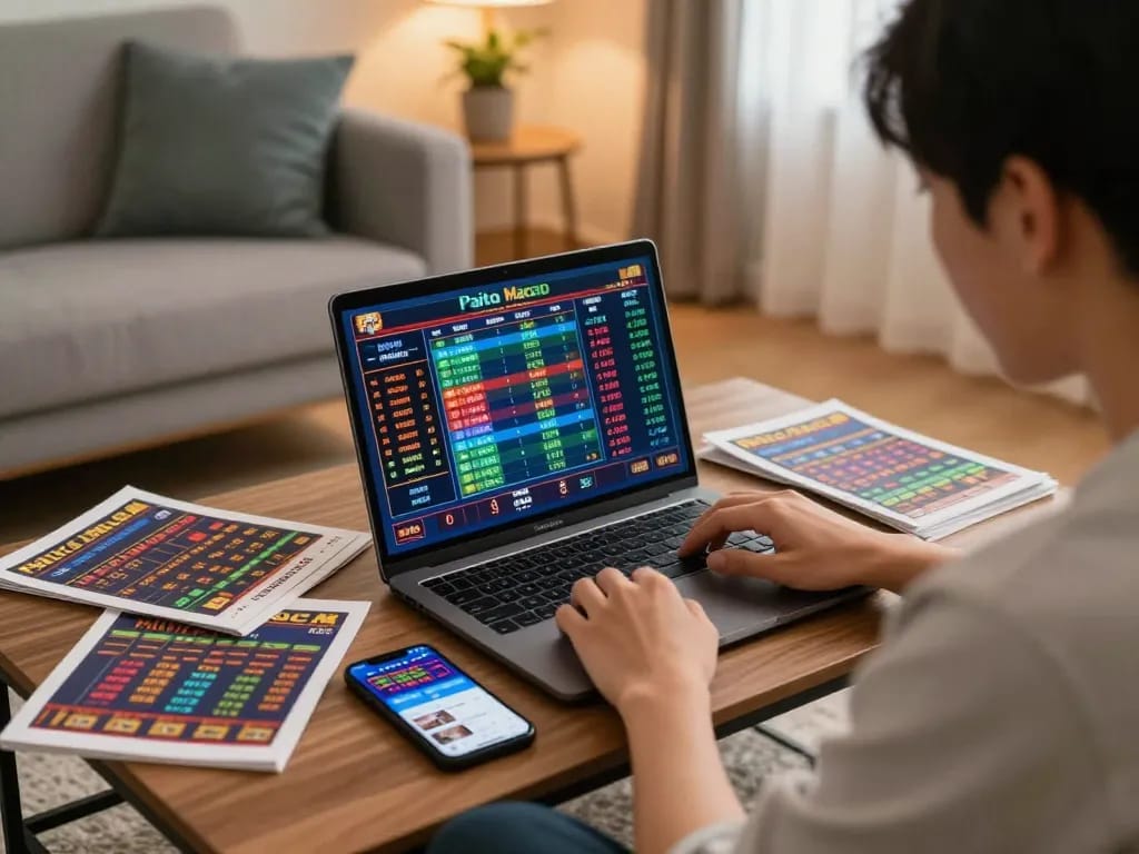 Paito macau online analysis in cozy home setting with laptop displaying real-time betting data.