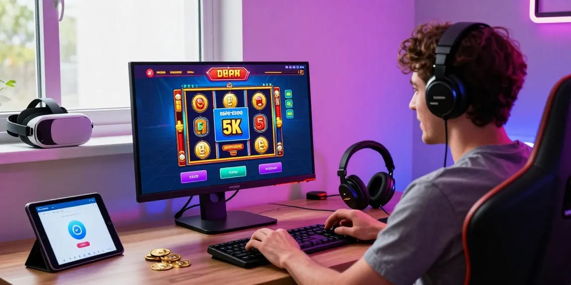 Player engaging with slot depo 5k on vibrant gaming setup enhancing online gambling experience.