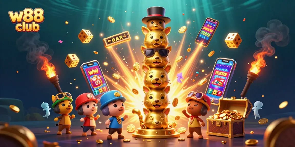 Cược cao tại w88 club với hình ảnh máy đánh bạc sặc sỡ và toa pu kỳ thú.