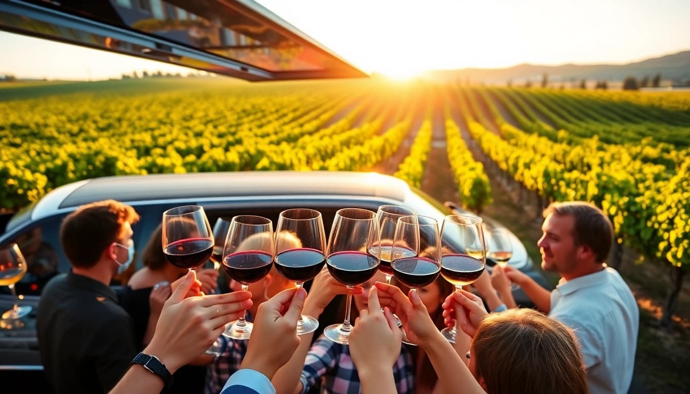Enjoy a spectacular limo bus wine tour with friends amidst stunning vineyard scenery.