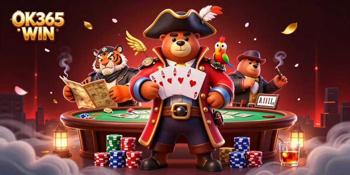 Engage with OK365 WIN at this vibrant casino adventure, featuring a pirate bear and colorful poker elements.