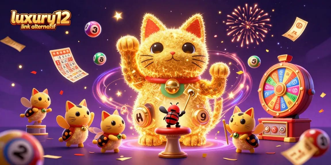 Play with luxury12 link alternatif in an enchanting 3D illustration of a lucky cat and dynamic casino elements.