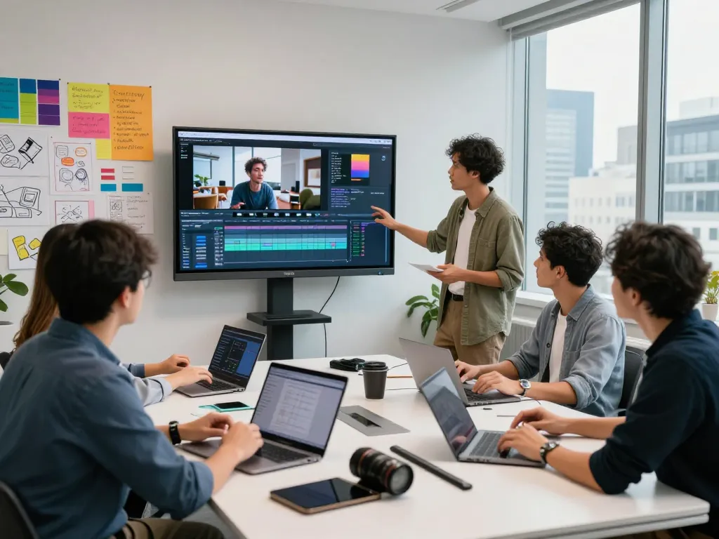 Team collaboration in a tech workspace using a video to promptgenerator with laptops and large screens for video analysis.