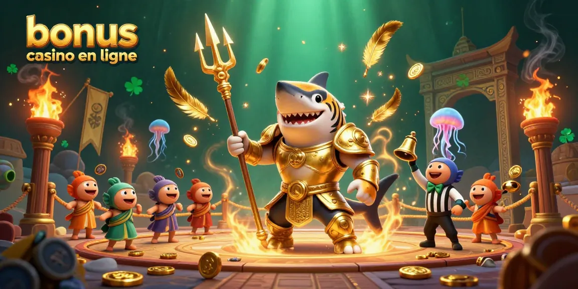 Découvrez le bonus casino en ligne avec un tigre requin en armure dorée dans une arène sous-marine.