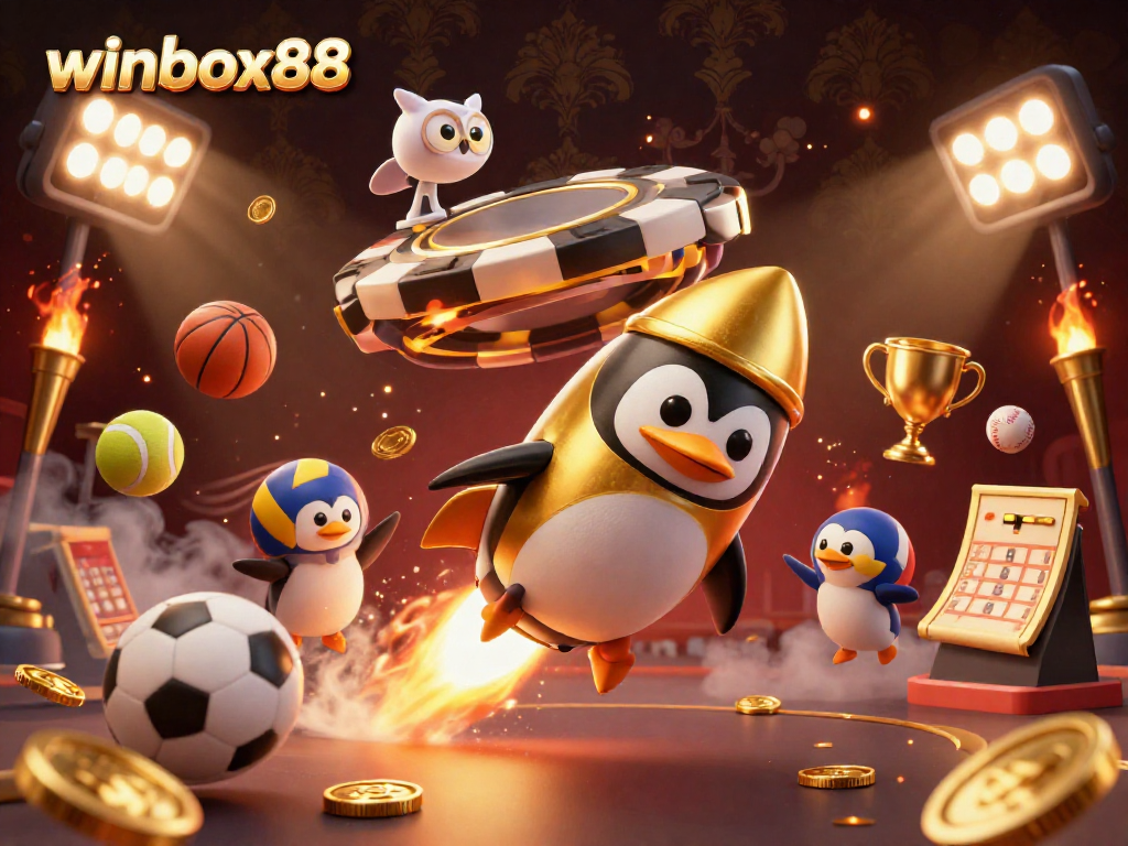 Engage with winbox88 as a golden penguin embarks on a thrilling casino adventure in space.