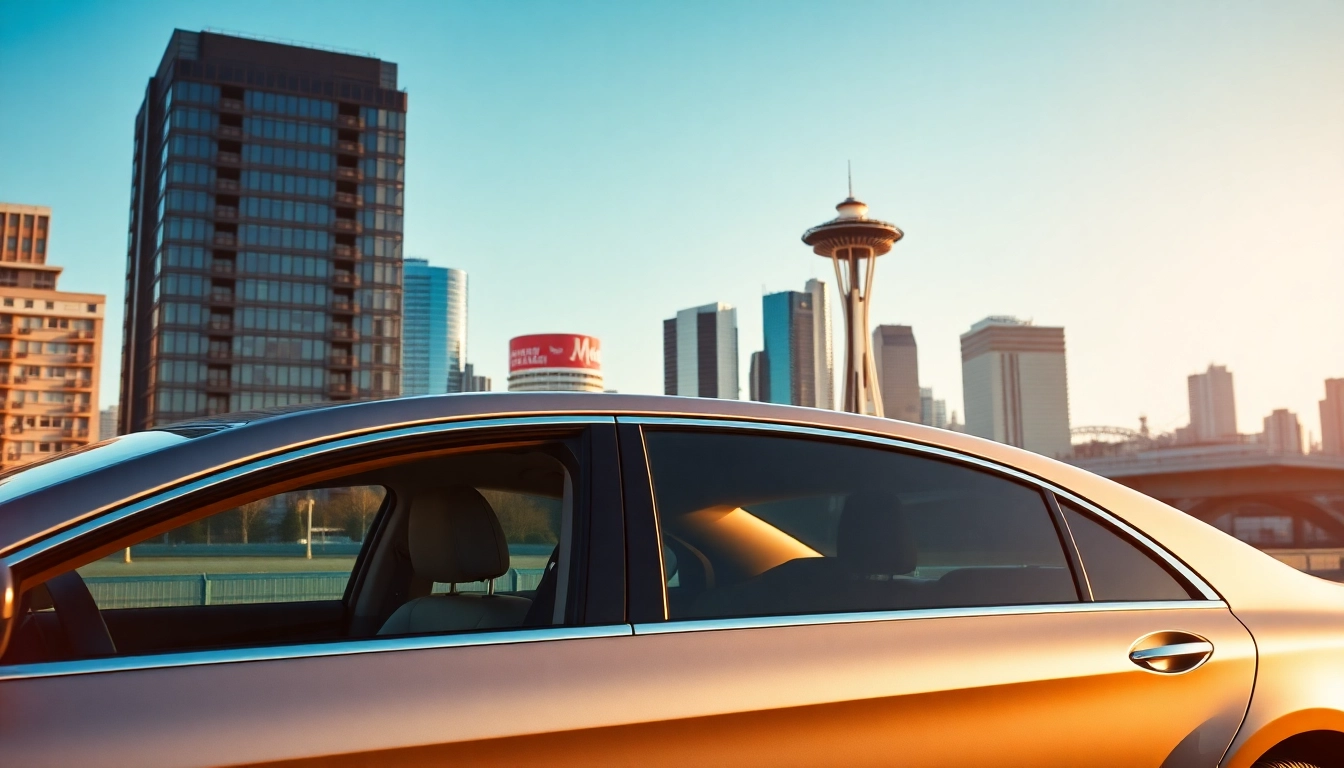 Experience premium vancouver to seattle car service with luxury vehicle against city skyline.