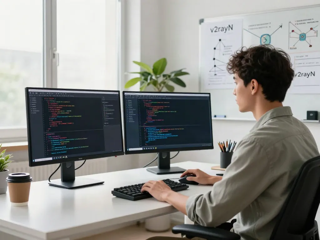 Developer using v2rayN at a modern workspace with dual screens and coding setup.