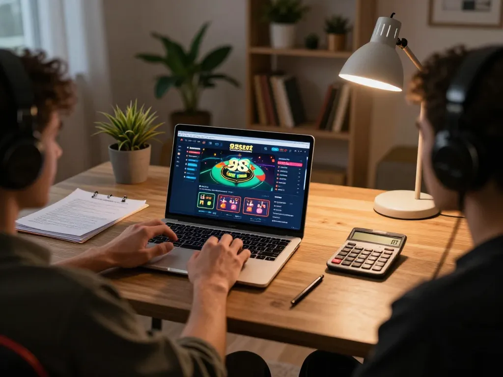 Engaging in online gaming with 92slot on a laptop, showcasing strategy and excitement