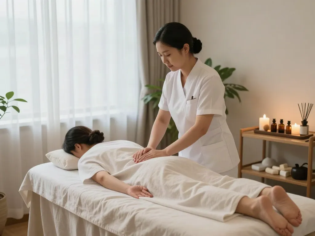 백석동출장마사지 session in a tranquil massage therapy room with soothing atmosphere.