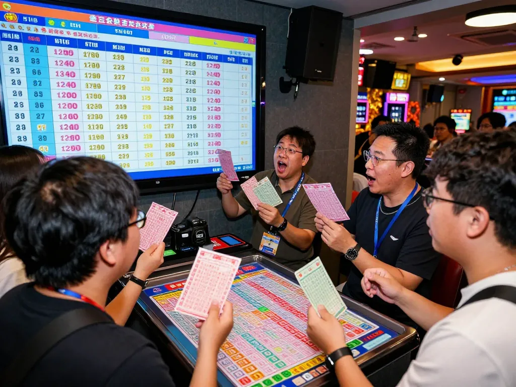 Excited players watching HK lottery results live, vibrant gaming atmosphere.