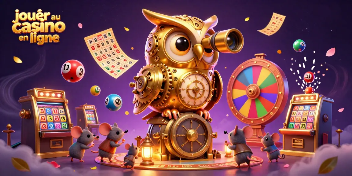 Jouer au casino en ligne avec une illustration dynamique d'un hibou mécanique et des souris dans un monde de jeux.