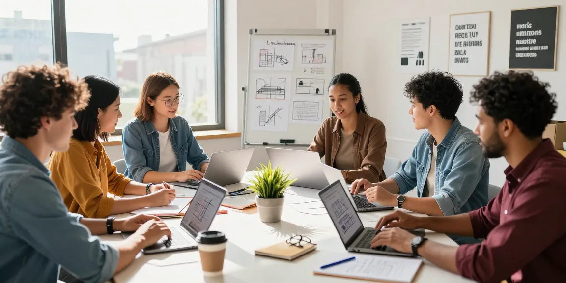 Collaborative contractors discussing ways to strengh up your portfolio. with laptops displaying project details in a bright workspace.