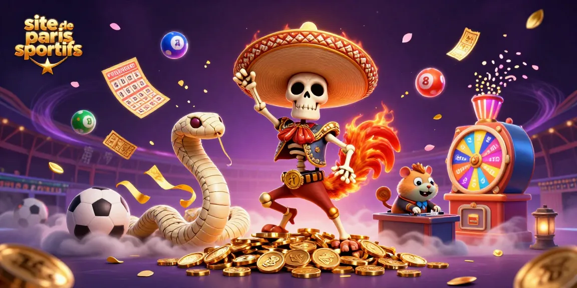 Scène dynamique d'un site de paris sportifs avec un rooster mariachi, un serpent momifié et un hamster DJ.