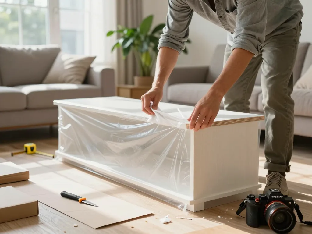 Cách bóc lớp ép plastic tại nhà safely while unpacking new furniture in a bright indoor setting.