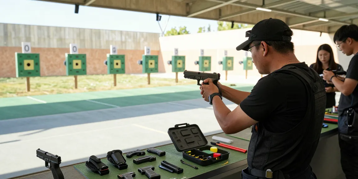 Glock customization at precisionglockslides.com with a sharpshooter demonstrating accuracy at a firing range.